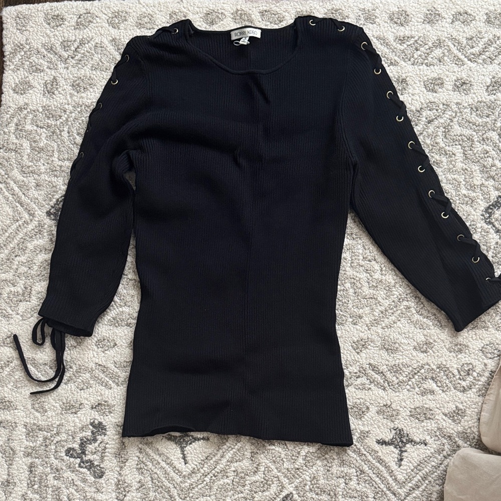 Black Ronny Kobo Lace-Up Sleeve Ribbed Top